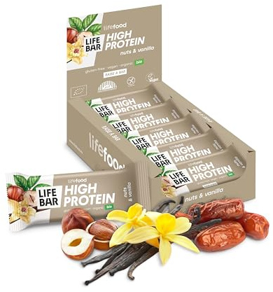 Lifefood Protein Riegel, Proteinriegel Ohne Zucker, Eiweißriegel Snack, BIO Vegan, Glutenfrei, Laktosefrei, Ohne Zuckerzusatz, Biologisch angebaut - 15er Pack (15 x 40 g) (Nüsse&Vanille)
