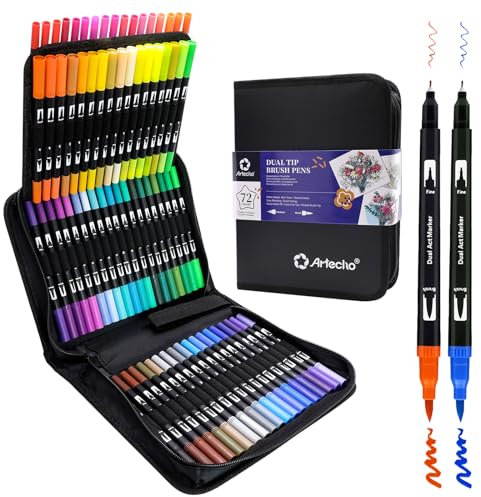 Artecho Dual Brush Pen Set 72 Farben mit Schwarzer Tragetasche, Filzstifte Dicke und Dünne, Pinselstifte set, Stifte für Bullet journal, Kalligraphie, Manga, Malbücher und Handlettering