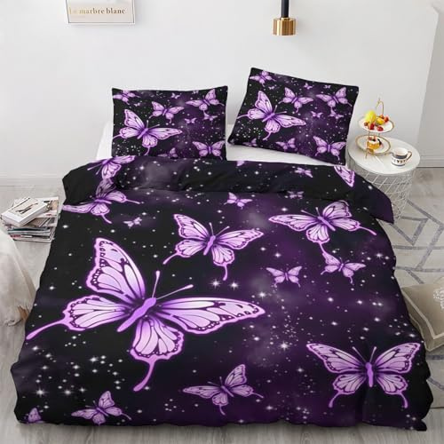 Generisch Lila Schmetterlinge Deko - Sommer Bettwäsche 135x200 Lila Schmetterling, Galaxie Bettbezug 135 x 200 2er Set mit Kissenbezug 80x80, Weiche Mikrofaser Sommerbettwäsche mit Reißverschluss
