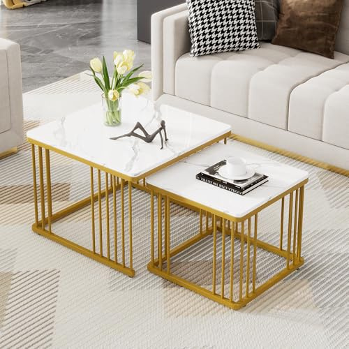 Merax Quadratisch Couchtisch 2er Set, Moderne Wohnzimmertisch, Hochglanz Satztisch mit Stauraum, für Wohnzimmer, Balkon und Büro, Metallgestell, Weiß und Gold (Nicht-Marmor)