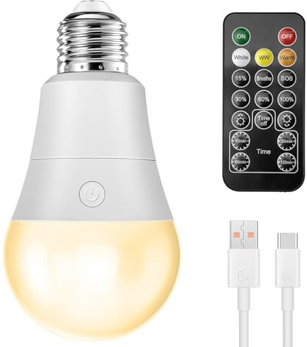 Idealife Ampoule LED Connectée E27, Réglable Ampoule LED Blanc Chaud/Froid Avec Timing, 7W Ampoule Rechargeable Avec Telecommande, Lampe De Secours Intérieure Et Extérieure Pour Décoration,350LM