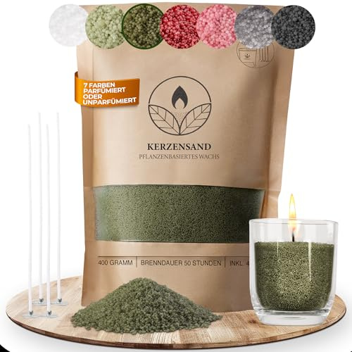 Comforder Doftljussand, 400 g Vaxgranulat + 4 Vekar (Mossgrön, Tall) | Gör dina egna doftljus, sandvax med doft, växtbaserat palmvax, återanvändbart, DIY-set