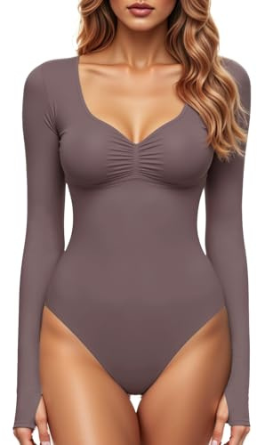 GJY Dam fyrkantig V-hals bodysuit sexig topp mode långärmad utomhus stretch toppar bodysuit kostym, Rosébrun, XXL