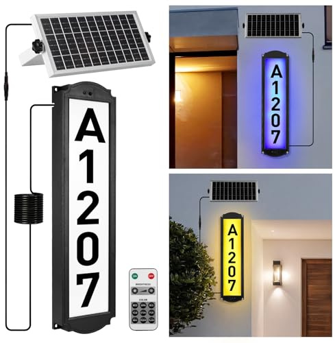 Lampada solare per numero civico RGB, numero civico illuminato a energia solare, con telecomando, IP65, impermeabile, numero civico solare con lettere e numeri, lampada da parete fai da te per esterni