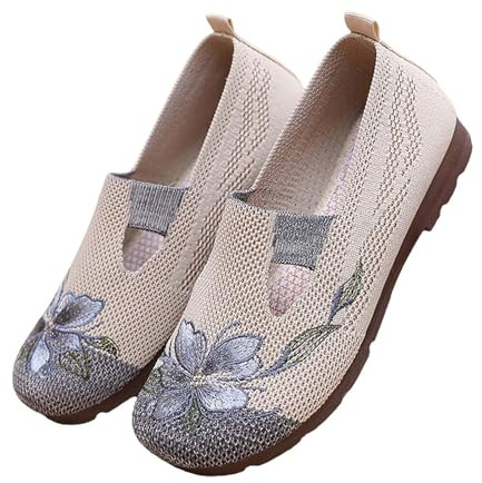Mary Jane Low Shoes for Women Chinese Style Flat Shoes Floral Embroidery Single Shoes Round Toe Knitted Dress Shoes Low Wedge Slip On Ballerina Breathable Walking Flats, gray, 4 UK