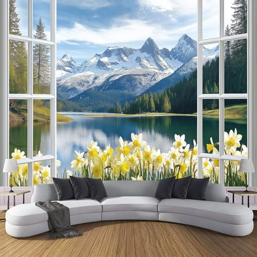 Fototapete 3d Effekt - Schneeberge Und Wälder 300x210cm Seide Foto Tapete 3D-Fake-Fenster XXL Wandtapete für Wohnzimmer Schlafzimmer Esszimmer Wanddekoration