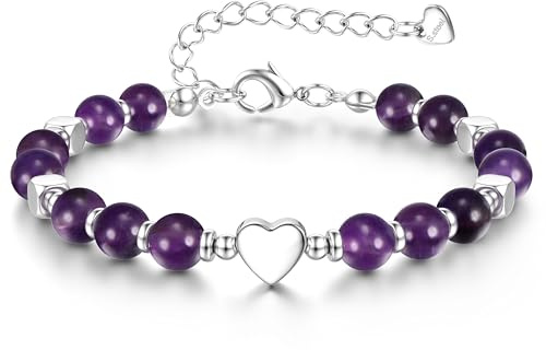 JeweBella Natural Stone Beaded Bracelets for Womens Girls 6MM Crystal Bracelet Adjustable Tiger Eye Obsidian Rose Quartz Amethyst Bracelet Silver Heart Bracelets Birthday Gifts for Women Girls