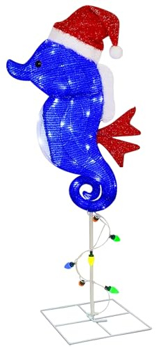 Prsildan Outdoor Christmas Decorations – 40 Inch Colorful LED Seahorse Yard Decor with Santa Hats, Lighted Holiday Lawn Stakes for Porch, Garden, Pathway, Seahorse Figures Xmas Decor (Blue)