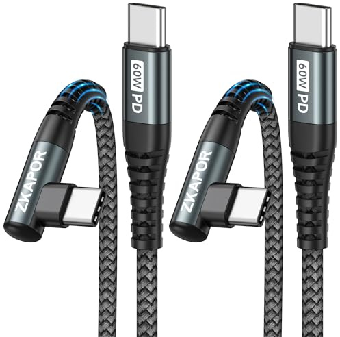 ZKAPOR Cavo USB C a USB C 90 Gradi [2Pezzi 3m] Cavo USB Type-C PD 60W Ricarica Rapida Cavo Tipo C Compatible con iPhone 16/15, Samsung Galaxy S25/S24, Pad Pro, Air 2022/2020, P60/P50, Pixel -Grigio
