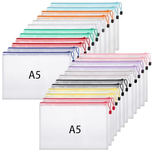24 Stück Dokumententasche A5, Reißverschlusstasche Dokumentenmappe | Wasserdichte Dokumententaschen mit Reißverschluss für Datei Prüfungsunterlagen Bücher Quittungen (12 Farben)