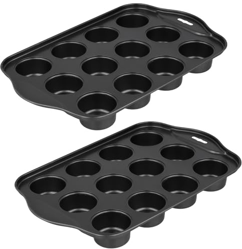 KOHAND 2 Pack Mini Cheesecake Pans, 12 Cup Loose Based Mini Sandwich Tin, Non Stick Muffin Trays with Removable Bottoms for Individual Cheesecakes Cupcakes Puddings Tarts, 33x20.7x4cm, Black