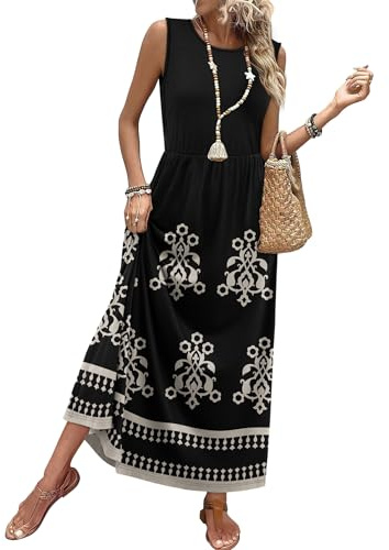 Summer Dresses for Women 2026 Vacation Boho Maxi Dress for Seniors Resort Wear 2026 Cruise Outfits Flowy Work Sun Dresses Modest Black XL