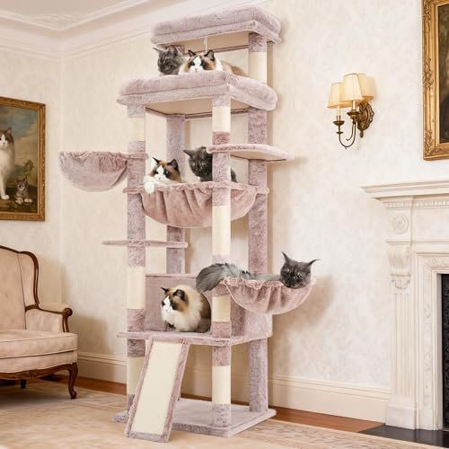 Hey-brother Muchroom MPJ080MU Kratzbaum mit extra großer Plattform und Korb, spezieller Höhle, 2 gemütliche Hängematten, Kratzbrett für erwachsene Katzen, Maine Coon 182,1 cm, Muchroom MPJ080MU