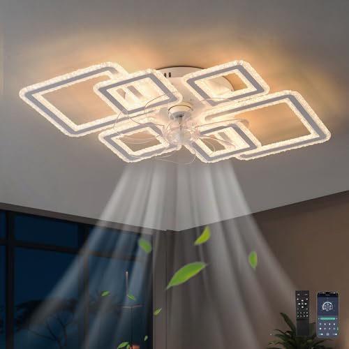 Ventilatore da Soffitto con Luce 84cm Dimmerabile Lampadario Ventilatore Telecomando App Plafoniera Ventilatore 6 Velocità Reversibile Silenzioso Timer Funzione di Memoria per Soggiorno, Bianco