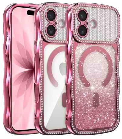 UCASONG for iPhone 16 (6.1) Magnetic Wave Frame Case, Pink | Compatible with MagSafe, Sparkly Rhinestone Gradient Glitter Card, Aesthetic Wavy Case, Soft TPU Shockproof Protective Cover