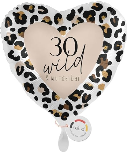 balloa Herzballon Zahl 30 Leoprint, Folienballon zum Geburtstag, 33 cm | Zahl 30 im Leoparden-Design, Herzform, heliumgeeignet, ungefüllt, Deko zum 30. Geburtstag für Frauen