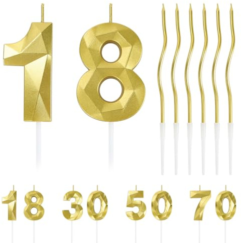 Alaoo Velas de Cumpleaños Número 18,con6 Espiral Velas Cumpleaños y Pastel | Velas Oro Número 3D ,para Fiesta de Cumpleaños de 18 años,Boda,Aniversario,Decoración de Pastel