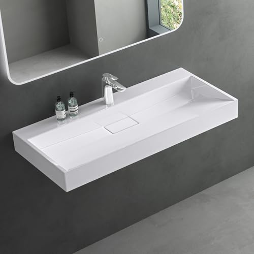 Mai & Mai Lavabo Suspendu Blanc 90x46x11cm Vasque à Poser Rectangulaire avec Perçage pour Robinet avec Bonde et Cache Bonde Col19