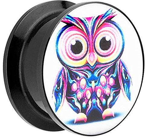 Piersando Ohr Plug Piercing Kunststoff Motiv Comic Picture Flesh Tunnel Ohrplug Schwarz mit Eule 8mm