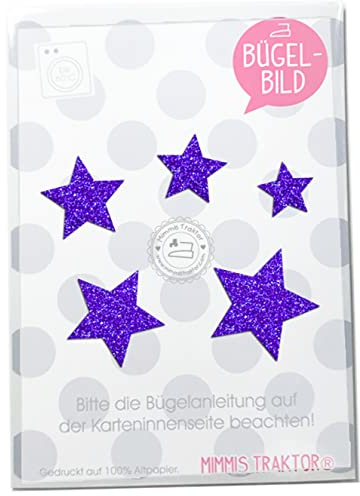 Bügelbild 5 GLITZER Sterne 4 cm bis 2 cm, 40 mm bis 20 mm Aufbügler Applikationen Bügelsticker für Stoffe Textilien Kinder zum Aufbügeln Flicken, Farbe:Glitzer lila