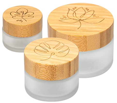 mixcover skinkitchen Hochwertige Glastiegel mit Bambusdeckel und Gravur, für selbstgemachte Kosmetik, Gewürze, Tee, Geschenkverpackung und vieles mehr, 3er Set (20g50g100g frosted)