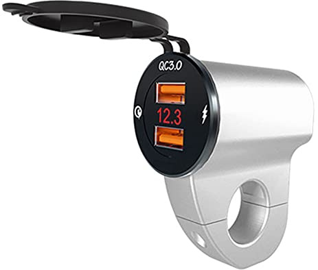 Riloer Motorrad-Handy-Ladegerät Aluminiumlegierung Dual USB QC3.0 Superschnelles Aufladen mit Voltmeter + Schalter Wasserdicht, Silber