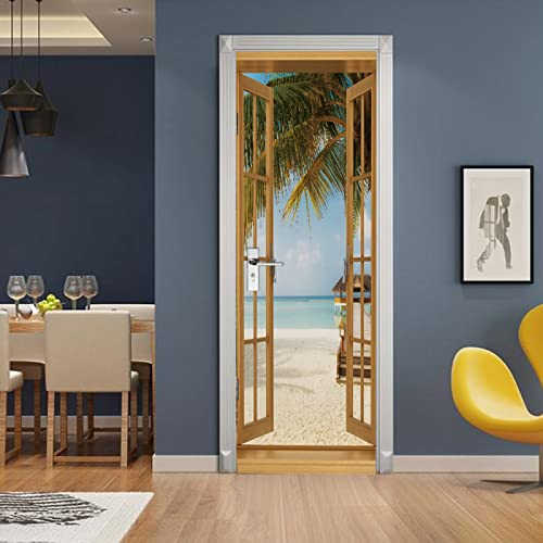 3D Türtapete Selbstklebend TürPoster Fenster & Hawaiianischer Strand Türaufkleber Fototapete Abziehen und Aufkleben Türfolie Tür Tapete B77 x H200cm
