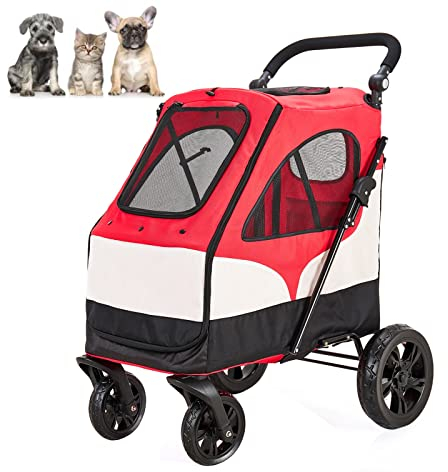 PJDDP Hundewagen für mittelgroße und große Hunde, Faltbarer Jogger mit 4 Rädern, Haustierwagen mit verstellbarem Griff und atmungsaktivem Netz für Hunde- und Katzenreisen,Rot