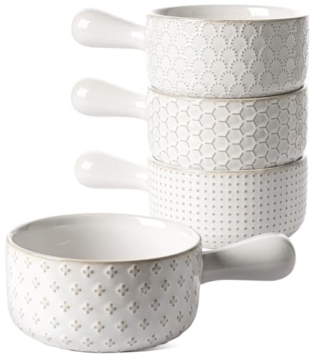 LE TAUCI Porzellan Zwiebelsuppenschalen 4er Set, 530ml, Arktis Weiss | fuer Zwiebelsuppe, Chili, Eintopf, ofenfest mit Griffen, Ofenfest Spuelmaschinenfest Mikrowellengeeignet