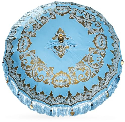 Darthome Handmade Blue & Gold Bali Sun Parasol 2.6m x 2m Traditional Indonesian Garden Umbrella With Jointed Wooden Pole