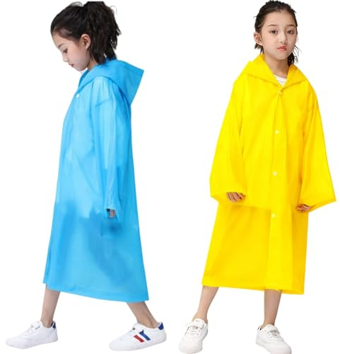 RUISHYY Raincoat Rain Ponchos for Kids (2 Pack), Reusable EVA Rain Coats Jackets with Hood for 6-13 Children Boys Girls (Blue+Yellow)