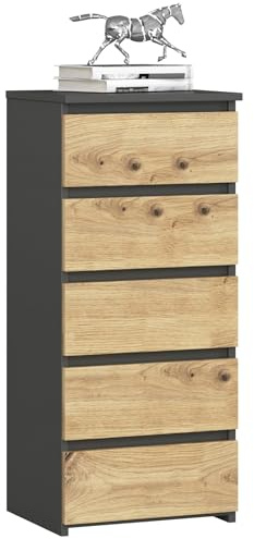 AKORD Kommode CL5 40 cm | 5 Schubladen | Schrank | für das Wohnzimmer | für das Schlafzimmer | B40 x H92 x T35 cm | Gewicht 21,9 kg | Graphitgrau/Artisan Eiche