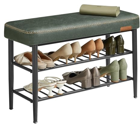 VASAGLE EKHO Collection - Shoe Bench, Storage Bench, Shoe Rack Bench Entryway, Synthetic Leather with Stitching, Mid-Century Modern, Loads 135 kg, 30 x 80 x 50 cm, Forest Green LSB054C02