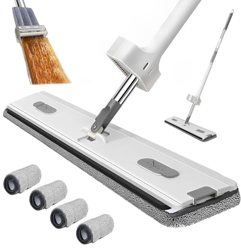 Set di lavapavimenti con giunto girevole a 360°, con panno in microfibra riutilizzabile, con funzione strizzatore (mocio + 4 pad)