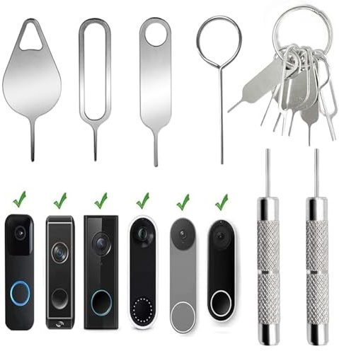 8 st verktyg för borttagning av säkerhetsnålar kompatibelt med Arlo videodörrklocka, Eufy videodörrklocka och Nest videodörrklocka, med 2 dörrklockborttagningspinnar och en nyckelring (4 stilar, en