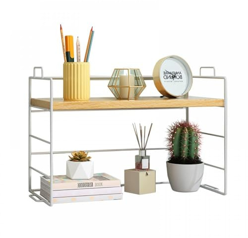 Gelory Desk Organizer Shelf Desktop Storage Shelf Display Bookcase Storage Rack Multipurpose Desktop Bookcase Stand for Office Kitchen Bedroom Bathroom Reading Room (White frame wood color)