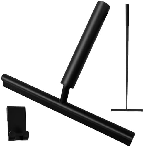 Rasqueta de ducha con soporte de ventosa, 23-97 cm, libremente extensible para ducha con gancho y espátula de ducha de silicona, acero inoxidable negro de para suelo de casa