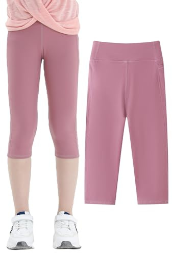 SEAUR Sportleggings 3/4 yogabyxor med ficka, enfärgade, snäva joggingbyxor, löparbyxor, sportbyxor träningsbyxor, 120–160 cm, Rosa-röd, 140 cm