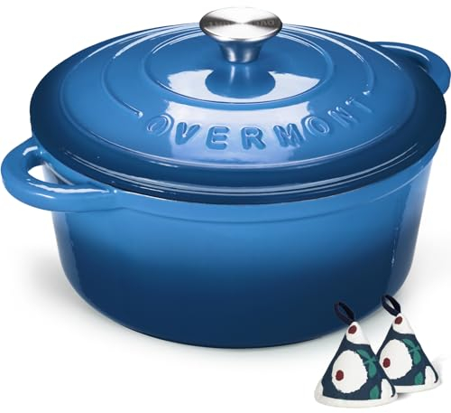 Overmont Casseruola in Ghisa Smaltata - Antiaderente Forno Olandese con Coperchio - Ø24 CM Rotonda Cocotte per Adatto a Piani di Cottura e Forni a Induzione - Blu