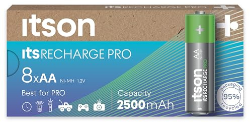 ITSON, AA rechargeable battery, PRO, pack of 8, powerful rechargeable batteries, pre-charged, min. capacity of 2500 mAh, packaging made of 95 Percent recycled materials, made in Japan