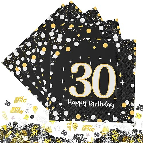 Servietten 30. Geburtstag, 30 Stück Serviette 30 Geburtstag Mann, 30 Geburtstagdeko Mann Frau, Happy Birthday 30 Serviette Tischdekoration, 3-Lagig Geburtstagsdeko Servietten mit Konfetti