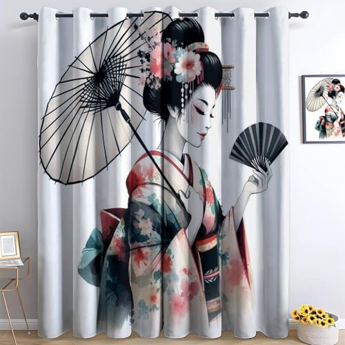 Rideaux Occultant Motif Geisha de Style Japonais 3D Impression Isolant ​Thermique Isolant ​phonique 100% Rideaux Occultant à Oeillets Douceur Chambre Garçon Fille Blanc 2 Panneaux 75 x 166 cm(LxH)
