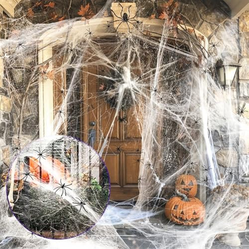 PUWOWYE Ragnatele Halloween Decorazioni, Ragnatele Estensibili con 50 Ragno Finto, Ragnatela Spettrale per Halloween Addobbi per Feste di Halloween, Carnevale e Horror