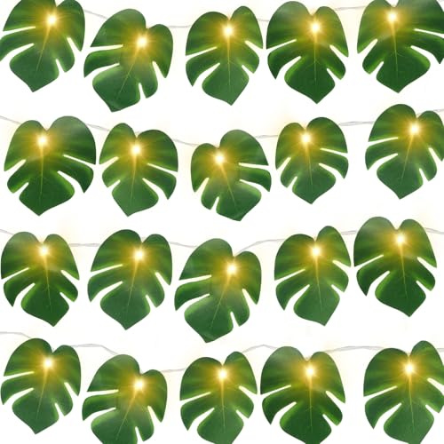 WOHSEROM 2 Pack Monstera Leaf String Lights, 3m/9.8ft 20 LED Tropical Artificial Palm Leaves String Lights Wall Hanging Vine Leaf for Hawaiian Luau Party Jungle Theme Beach Birthday Home Decorations
