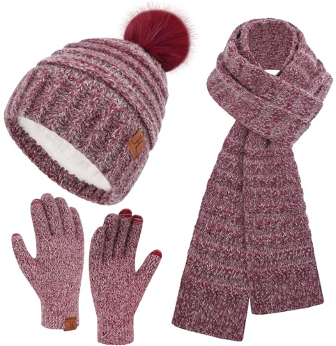 Bequemer Laden Mujeres Invierno Gorro Bufanda Larga Guantes Tactiles Conjunto, Gorra Termicos Pompon con Forro Polar Regalo Mujer para Clima Frío