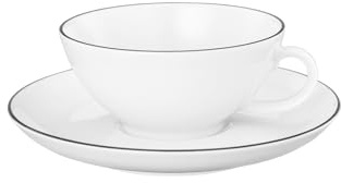 Seltmann Weiden Lido Black Line Teetassen mit Untertassen 6er Set, 140 ml, Tassen-Untertassen-Set mit schwarzem Rand, Porzellan, Weiß