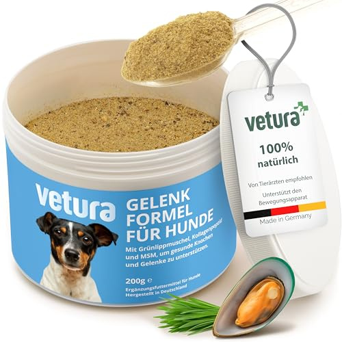 Vetura Gelenk-Pulver für Hunde, 200 g – Grünlippmuschel & Kollagen | Mit Glucosamin, Chondroitin, MSM, Algenkalk, Hagebutte, OPC, für Gelenke & Knorpel, Made in Germany, GMP+