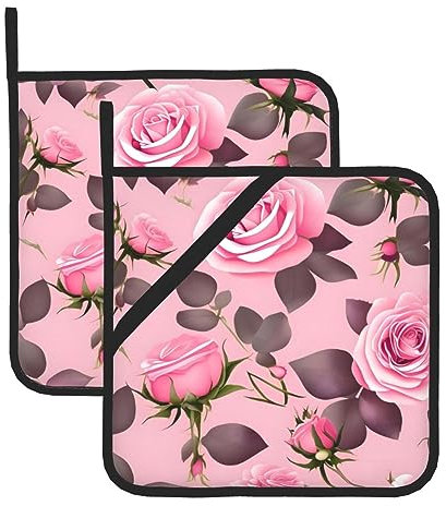 WHJYYXDE Set di 2 presine da cucina, 20,3 x 20,3 cm, isolamento termico, tessuto impermeabile e resistente, stampa con rose rosa