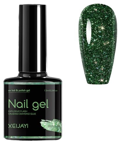 Green Glitter Gel Nail Polish, Emerald Green Christmas Gel Nail Varnish, Diamond Sparkly Shimmer Long Lasting Dark Green Nail Polish, Soak off LED/UV Lamp Nail Art Manicure for Women