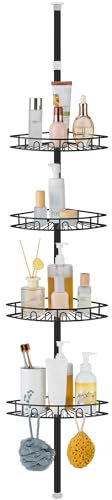 Hoomtaook Teleskop Duschregal, Duschablage Ohne Bohren Ecke Edelstahl Eckregal mit 4 Duschkorb, Teleskopregal Bad Höhenverstellbar 85-325cm für Badezimmer und Küche, Schwarz
